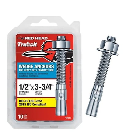 Red Head Wedge Anchor, 1/2" Dia., 3-3/4" L, Carbon Steel, 10 PK 12017